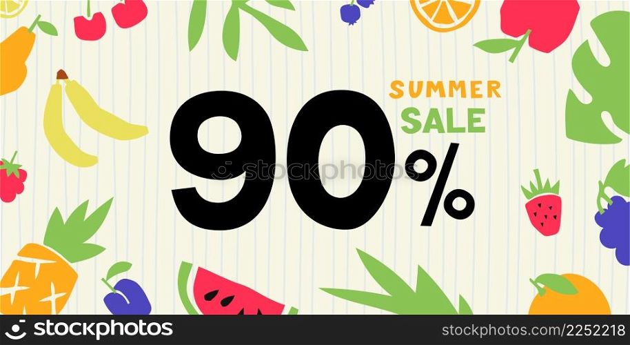 Summer sale. 90 percent. Colorful cutouts fruits and berries. Shape colored cardboard or paper.. Summer sale. 90 percent. Colorful cutouts fruits and berries. Shape colored cardboard or paper