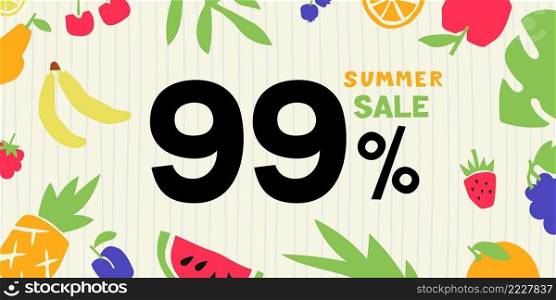 Summer sale. 99 percent. Colorful cutouts fruits and berries. Shape colored cardboard or paper.