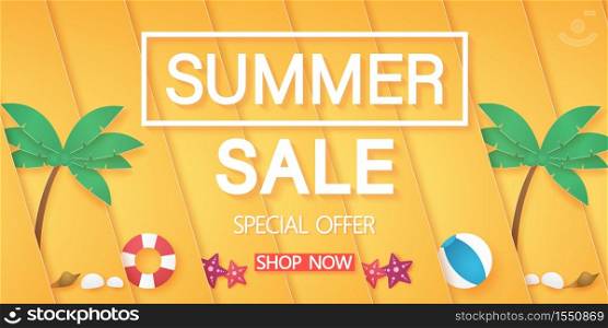 Summer sale, Abstract bright orange diagonal overlay background with summer stuff, paper art style