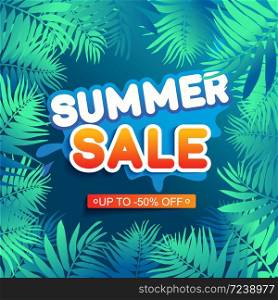 Summer sale ad background with leaves, stem isolated on blue sky backdrop. Minimal style floral background. Discount text offer 50 percent off. Vector illustration.. Summer sale ad background with leaves, stem isolated on blue sky backdrop.