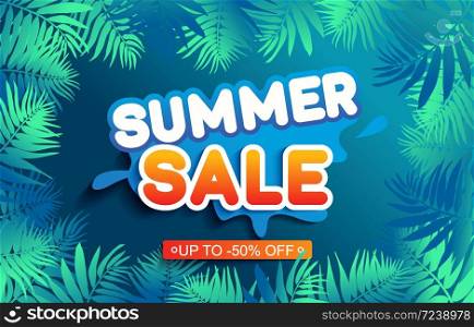 Summer sale ad background with leaves, stem isolated on blue sky backdrop. Minimal style floral background. Discount text offer 50 percent off. Vector illustration.. Summer sale ad background with leaves, stem isolated on blue sky backdrop.