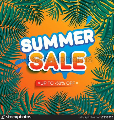 Summer sale ad background with leaves, stem isolated on yellow backdrop. Minimal style floral background. Discount text offer 50 percent off. Vector illustration.. Summer sale ad background with leaves, stem isolated on yellow backdrop.