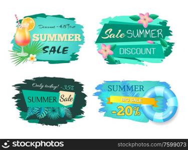 Summer sale advertisement labels vector illustration isolated on white. Set of summertime stickers with cocktail, flowers and info about discounts. Summer Sale Advertisement Label Cocktail and Fruit