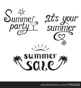 Summer sale and party lettering set. Invitation, flyer, poster or banner design. Vector illustration on white background.