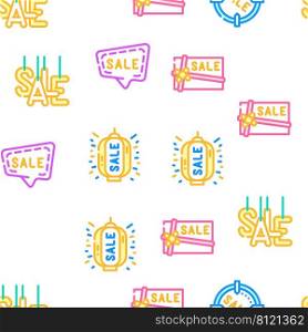 Summer Sale And Season Discount Vector Seamless Pattern Color Line Illustration. Summer Sale And Season Discount Icons Set Vector