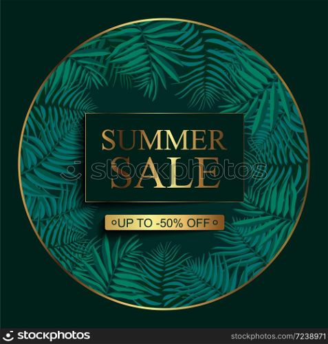 Summer sale announcement background with leaves, stem isolated on green backdrop. Minimalistic style floral background with gold lettering and elements. Discount text offer 50 percent. Vector illustration. Summer sale announcement background with leaves, stem isolated on green backdrop.