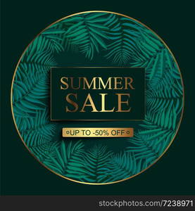 Summer sale announcement background with leaves, stem isolated on green backdrop. Minimalistic style floral background with gold lettering and elements. Discount text offer 50 percent. Vector illustration. Summer sale announcement background with leaves, stem isolated on green backdrop.