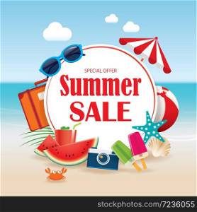 Summer sale background banner design template with colorful beach and object vacation elements.
