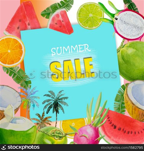 Summer sale background layout for banners, Paintings bright fruit of melon lemon coconut dragon fruit watercolor painting colorful illustration of poster wallpaper,banner,discount in blue background.