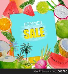 Summer sale background layout for banners, Paintings bright fruit of melon lemon coconut dragon fruit watercolor painting colorful illustration of poster wallpaper,banner,discount in blue background.