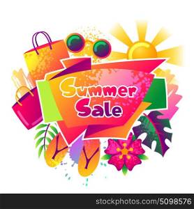 Summer sale background with colorful elements. Sun, palm leaves and shopping bags. Summer sale background with colorful elements. Sun, palm leaves and shopping bags.