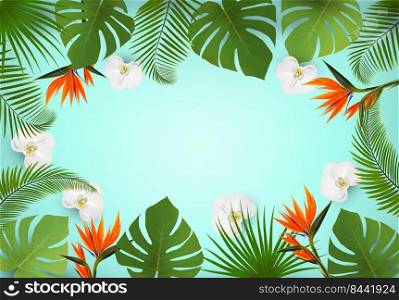 Summer sale background with exotic palm leaves and flowers and a space for text. Vector