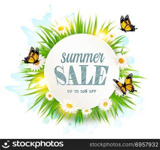Summer sale background with grass, daisies and butterflies. Vect. Summer sale background with grass, daisies and butterflies. Vector.. Summer sale background with grass, daisies and butterflies. Vector.