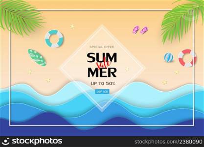 Summer sale background with paper cut tropical beach and equipment on sand beach,design for poster,web banner,voucher discount or shopping promotion,vector illustration