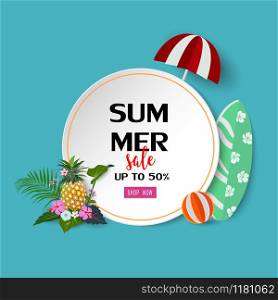 Summer sale background with tropical flowers and leaves,exotic design for banner,flyer,invitation,poster,website,greeting card or voucher discount,vector illustration