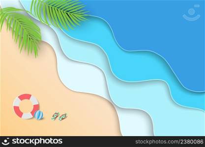 Summer sale background with view of blue sea and beach on paper cut style,vector illustration