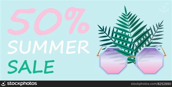 Summer Sale banner - a poster with fashionable pink glasses and palm leaves on a blue background witn text. Stock vector illustration is suitable for a poster, web banner or advertising stand. Summer Sale banner - a poster with fashionable pink glasses and palm leaves on a blue background witn text. Stock vector illustration is suitable for a poster, web banner or advertising stand.