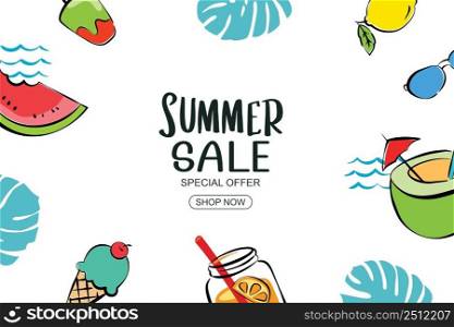 Summer sale banner cover template background. Summer discount special offer in hand drawn style.