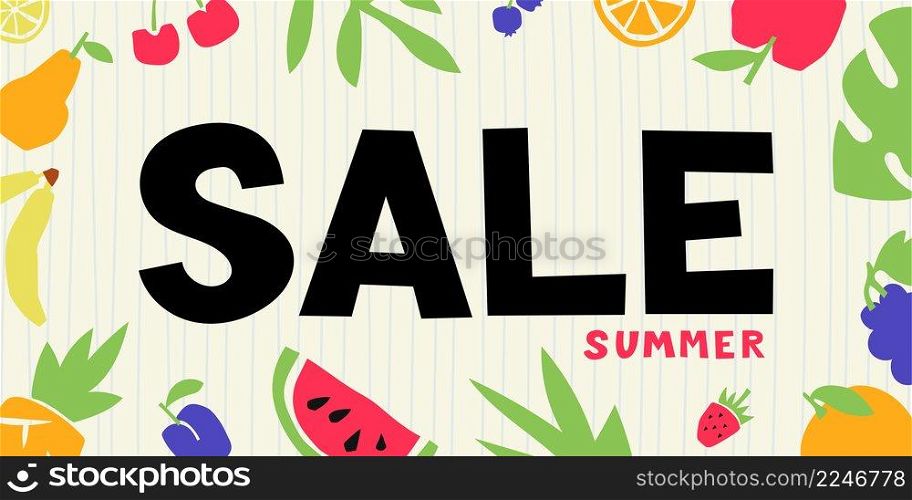 Summer sale banner. Cut out of black paper letters. Colorful cutouts fruits and berries. Shape colored cardboard or paper.. Summer sale banner. Cut out of black paper letters. Colorful cutouts fruits and berries. Shape colored cardboard or paper