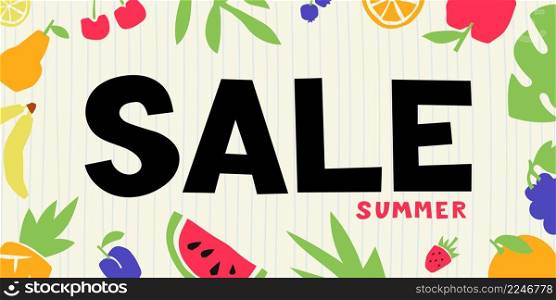 Summer sale banner. Cut out of black paper letters. Colorful cutouts fruits and berries. Shape colored cardboard or paper.. Summer sale banner. Cut out of black paper letters. Colorful cutouts fruits and berries. Shape colored cardboard or paper