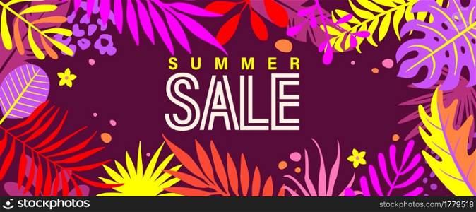 Summer sale banner for 2021 hot season. Tropical themed invitation for shopping with tropical leaves in neon colors. Bright template for flyers, posters, cards,advertising design. Vector Illustration.. Summer sale banner for 2021 hot season.