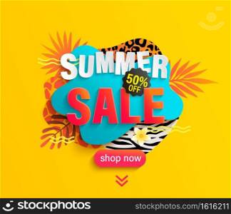 Summer Sale banner for hot season with animal print. Discount poster with tropical leaves and price off offer.Invitation for shopping with 50 percent off,special offer card, template for design.Vector. Summer Sale banner for hot season with animal print.
