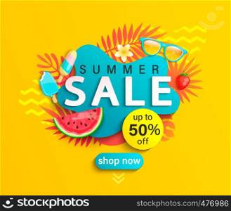 Summer Sale banner, hot season discount poster with tropical leaves,ice cream,watermelon, strawberries,sunglasses.Invitation for shopping with 50 percent off. special offer card, template for design.. Summer Sale banner on yellow background.