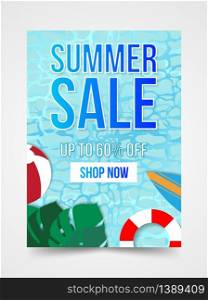 Summer sale banner layout template with discount text amd summer elements.Concept of seasonal vacation in tropical country.Can be used flyer, invitation, poster, web site or greeting card.