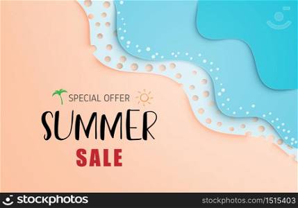 Summer sale banner or poster with sea wave and beach in paper cut style.