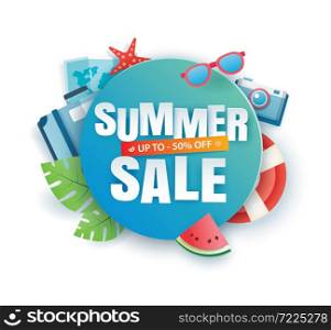 Summer sale banner paper cut template. Blue abstract geometric. Use for poster, sticker, badge, ads, tag.