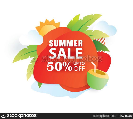 Summer sale banner paper cut template. Red abstract geometric. Use for poster, sticker, badge, ads, tag.