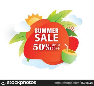 Summer sale banner paper cut template. Red abstract geometric. Use for poster, sticker, badge, ads, tag.