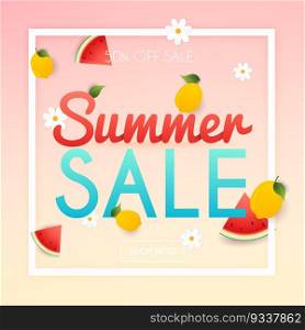 Summer Sale Banner. Poster, Flyer, Vector. Slices of watermelon and lemon on a background.