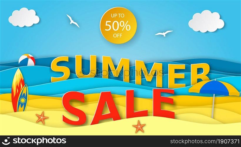 Summer sale banner. Sea landscape with beach, waves, clouds. Paper cut out digital craft style. abstract blue sea and beach summer background with paper waves and seacoast. Vector illustration. Sea landscape with beach