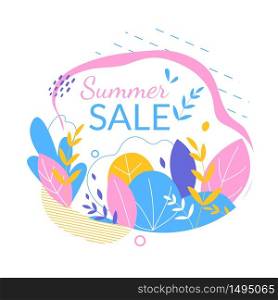 Summer Sale Banner, Tag, Icon , Abstract Floral Ornament in Doodle Watercolor Style with Botanical Elements, Leaves and Grass Pattern, Promo Advertising Poster, Ad, Cartoon Flat Vector Illustration. Summer Sale Banner, Tag, Icon, Floral Ornament