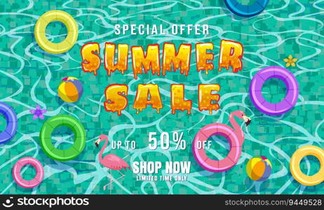 Summer Sale banner template background. Swimming tiled pool, blue water ocean, float swim rings, tropical, top view. Advertising shopping background, offer, flyer design vector illustration. Summer Sale banner template background. Swimming tiled pool, blue water ocean, float swim rings, tropical, top view