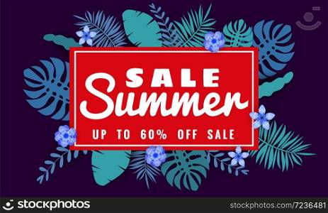 Summer sale banner template for seasonal sales with tropical leaves flowers background. Summer sale banner template for seasonal sales with tropical leaves flowers background, color exotic floral design banner, flyer, invitation, poster. Paper cut style, vector illustration