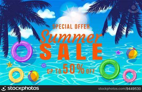 Summer Sale banner template. Swimming pool, blue water ocean, swim ring, tropical palms, sun top view. Advertising background, offer, flyer design vector illustration. Summer Sale banner template. Swimming pool, blue water ocean, swim ring, tropical palms, sun top view