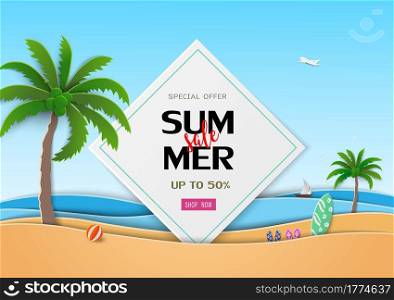 Summer sale banner template with tropical beach on paper art style,vector illustration