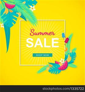 Summer Sale Banner template With Tropical Leaves, Fruits And Flowers On Yellow Background. Summer Sale Banner With Tropical Leaves, Fruits And Flowers On Yellow Background