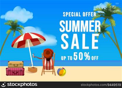 Summer sale banner. Tropical beach, woman in the beach chair, stage, surf, umbrella, palm leaves, sky, cloud. Shopping promotion adverising template background. Summer sale banner. Tropical beach, woman in the beach chair, stage, surf, umbrella, palm leaves, sky, cloud