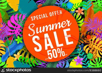 Summer Sale banner tropical colorful plant, flowers and leaves. Orange sticker with wrinckles, glued paper patch. Seamless pattern on background. Template modern summer sale banner. Vector illustration. Summer Sale banner tropical colorful plant, flowers and leaves