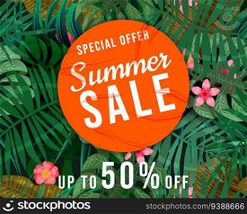 Summer Sale banner tropical plant, flowers and leaves. Orange sticker with wrinckles, glued paper patch. Seamless pattern on background. Template modern summer sale banner. Vector illustration. Summer Sale banner tropical plant, flowers and leaves