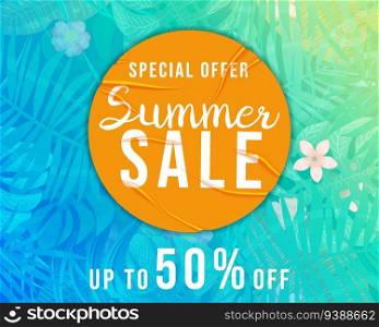 Summer Sale banner tropical plant, flowers and leaves. Yellow sticker with wrinckles, glued paper patch. Seamless pattern on background. Template modern summer sale banner. Vector illustration. Summer Sale banner tropical plant, flowers and leaves