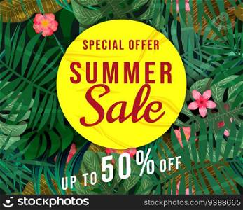 Summer Sale banner tropical plant, flowers and leaves. Yellow sticker with wrinckles, glued paper patch. Seamless pattern on background. Template modern summer sale banner. Vector illustration. Summer Sale banner tropical plant, flowers and leaves