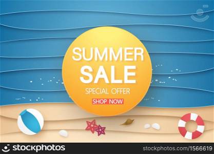 summer sale banner with abstract sea and beach with stuff background , paper art style
