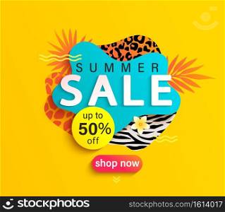 Summer Sale banner with animal print, hot season discount poster with tropical leaves and price off offer.Invitation for shopping with 50 percent off, special offer card, template for design.Vector. Summer Sale banner with animal print.