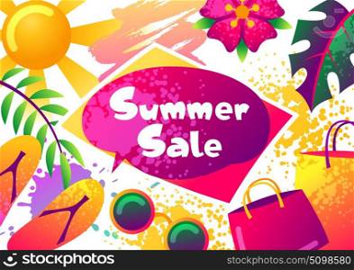 Summer sale banner with colorful elements. Sun, palm leaves and shopping bags. Summer sale banner with colorful elements. Sun, palm leaves and shopping bags.