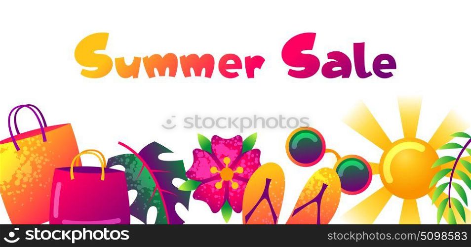 Summer sale banner with colorful elements. Sun, palm leaves and shopping bags. Summer sale banner with colorful elements. Sun, palm leaves and shopping bags.