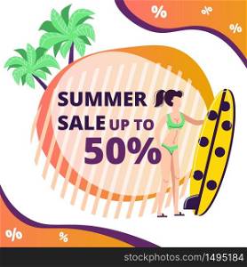 Summer Sale Banner with Cute Young Woman Wearing Bikini Holding Surf Board on Abstract Geometric Background with Palm Trees and Typography, Discount Poster, Flyer, Cartoon Flat Vector Illustration. Summer Sale Banner with Woman Holding Surf Board